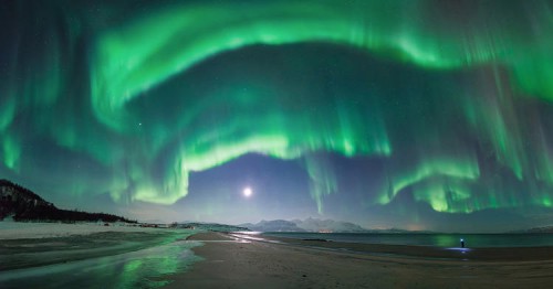 A flare up of the aurora over Steinsvik beach, in Nordreisa, Troms, Norway. It lasted no more than 10 minutes from start to finish but it lit up the entire sky and took the photographer by surprise, just as he was about to leave the shoot. The figure on the right is his brother, furiously searching for his lens cap to capture the same phenomena.